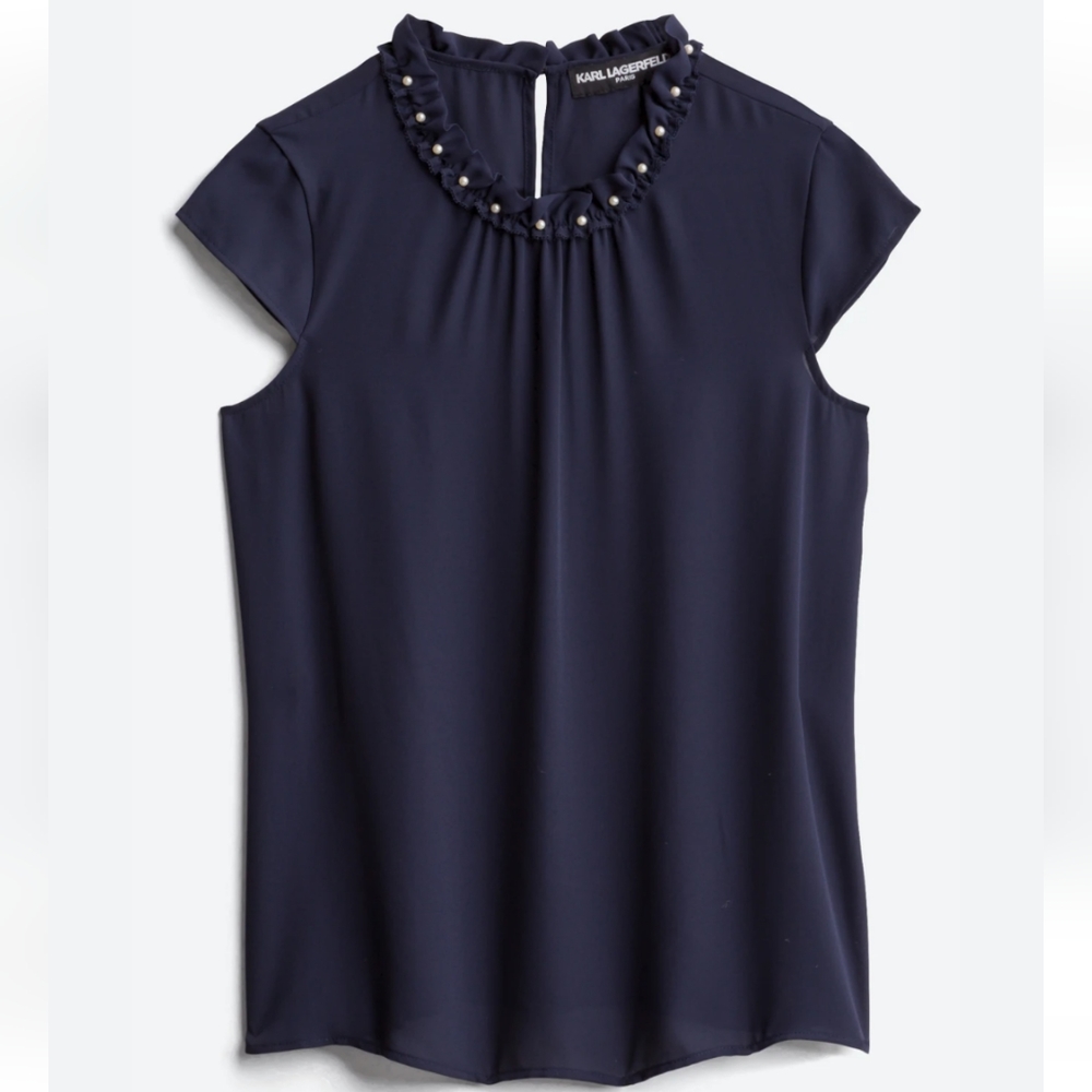 Karl Lagerfeld Paris pearl neckline navy blouse